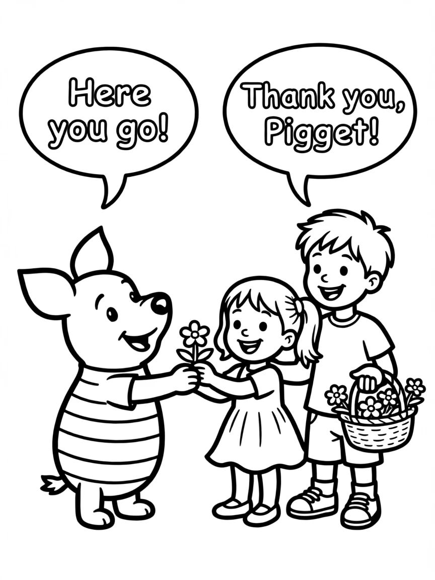 A cartoon-style drawing of Piglet helping friends, with speech bubbles and cheerful faces.