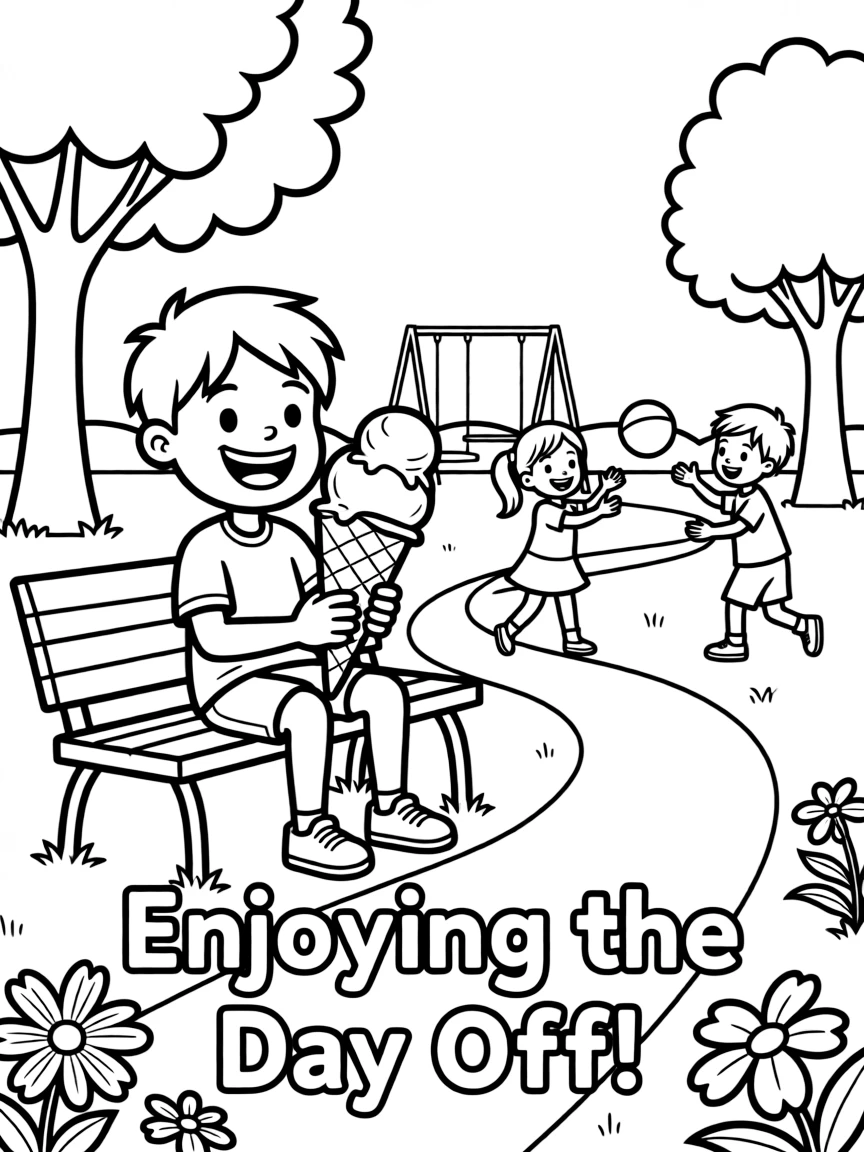 Anger enjoying a day off, eating ice cream or playing with friends in a park setting.