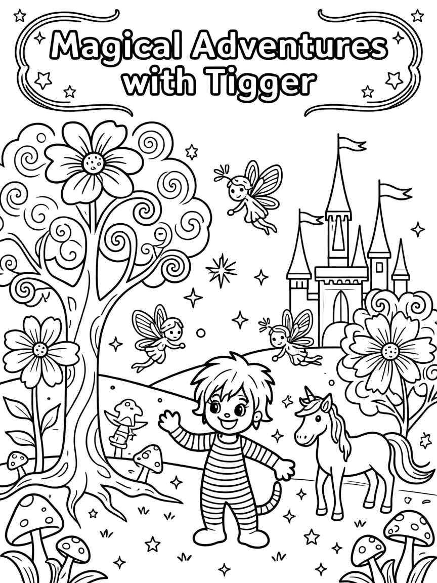 A fantasy background of Tigger in a magical forest or castle, with sparkles and mystical creatures.