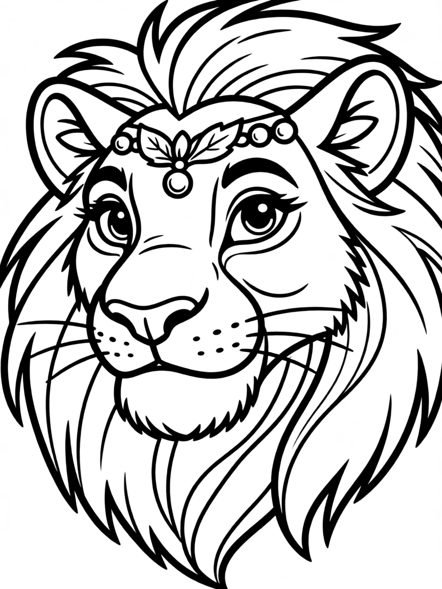 A close-up of Nala's face in bold lines with expressive eyes and detailed costume elements.