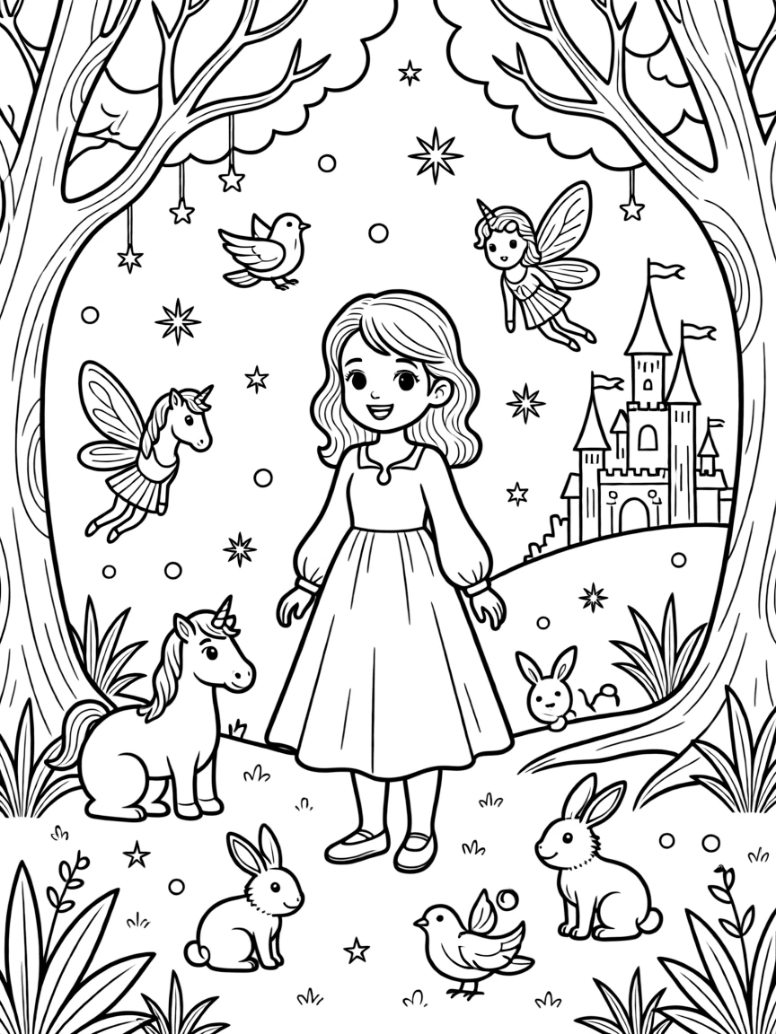 A fantasy background of Anna in a magical forest or castle, with sparkles and mystical creatures.