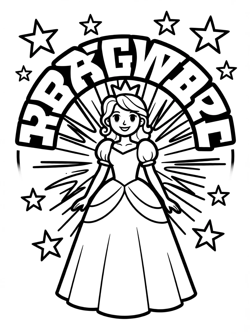 Princess Peach standing proudly in front of their iconic logo with stars and comic-style effects around.