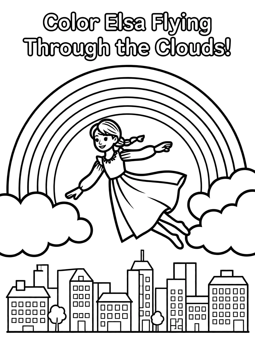 Elsa flying through the clouds with a rainbow behind and city skyline below.