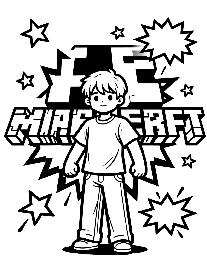Minecraft standing proudly in front of their iconic logo with stars and comic-style effects around.