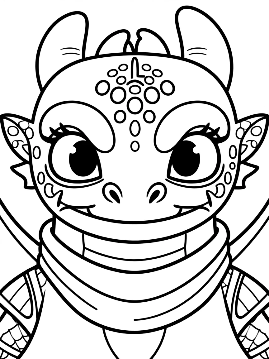 A close-up of How to Train Your Dragon's face in bold lines with expressive eyes and detailed costume elements.