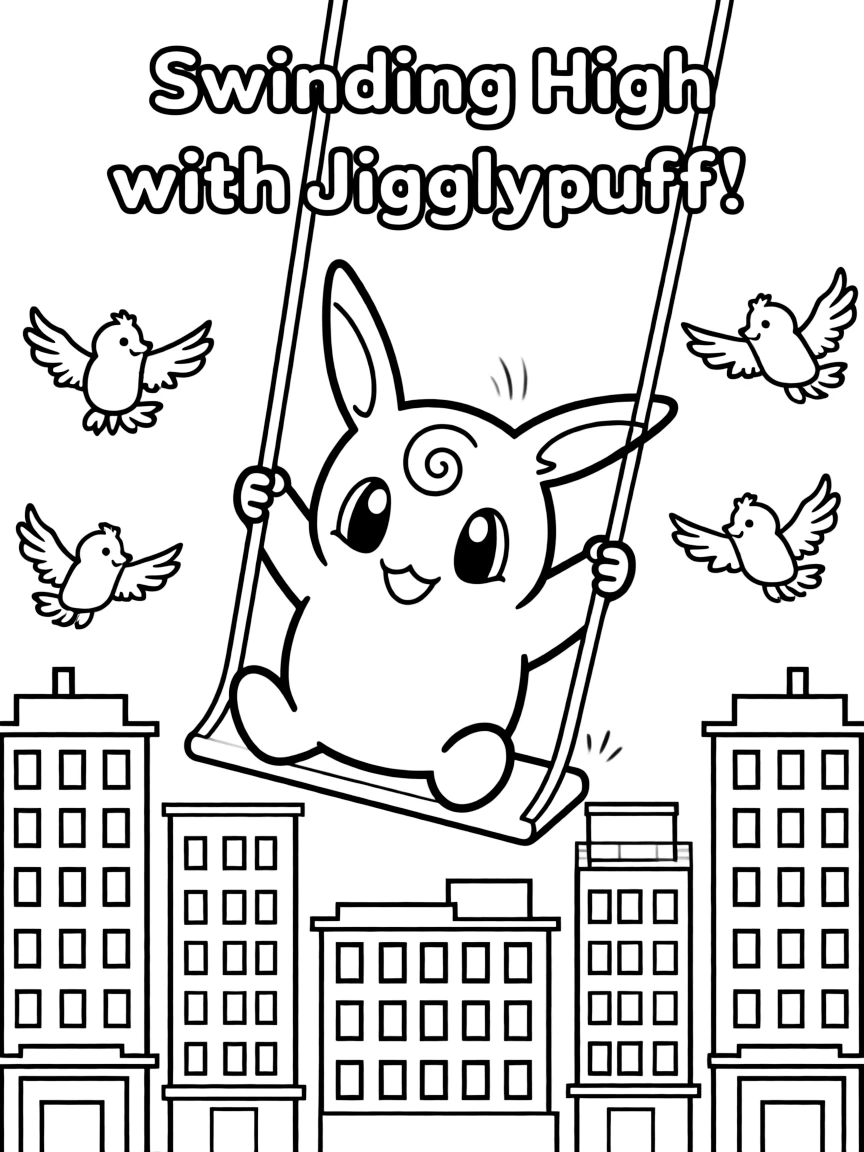A fun and detailed coloring page of Jigglypuff swinging through a city full of tall buildings and birds.