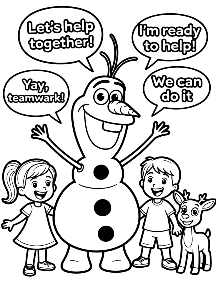 A cartoon-style drawing of Olaf helping friends, with speech bubbles and cheerful faces.
