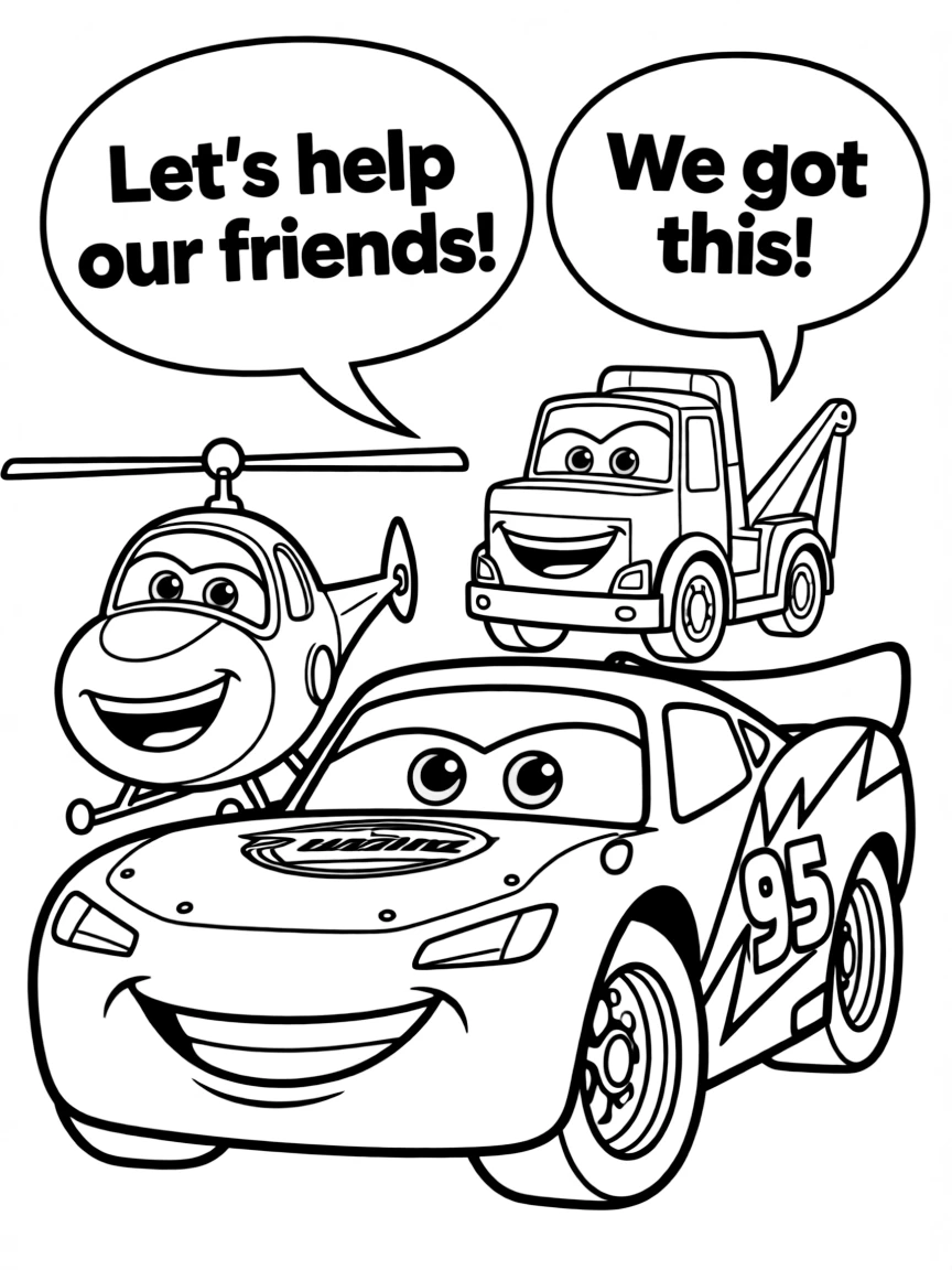 A cartoon-style drawing of Lightning McQueen helping friends, with speech bubbles and cheerful faces.