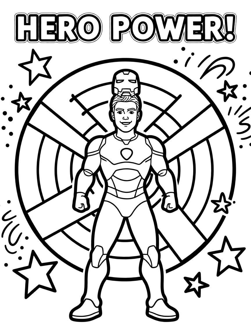 Iron Man standing proudly in front of their iconic logo with stars and comic-style effects around.