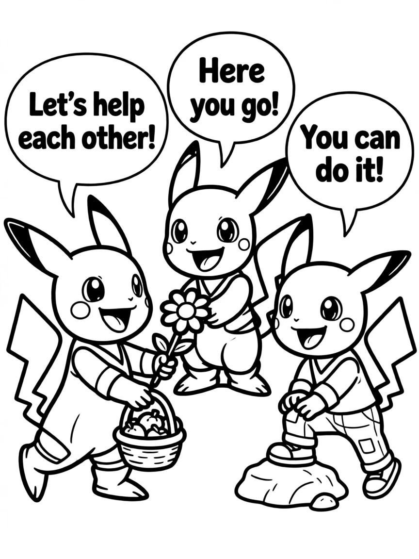 A cartoon-style drawing of Pokemon helping friends, with speech bubbles and cheerful faces.
