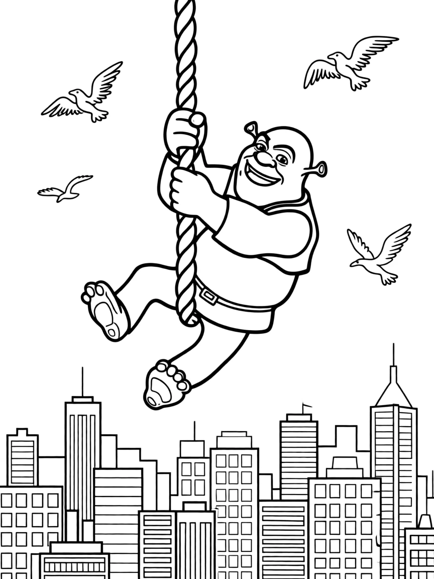 A fun and detailed coloring page of Shrek swinging through a city full of tall buildings and birds.
