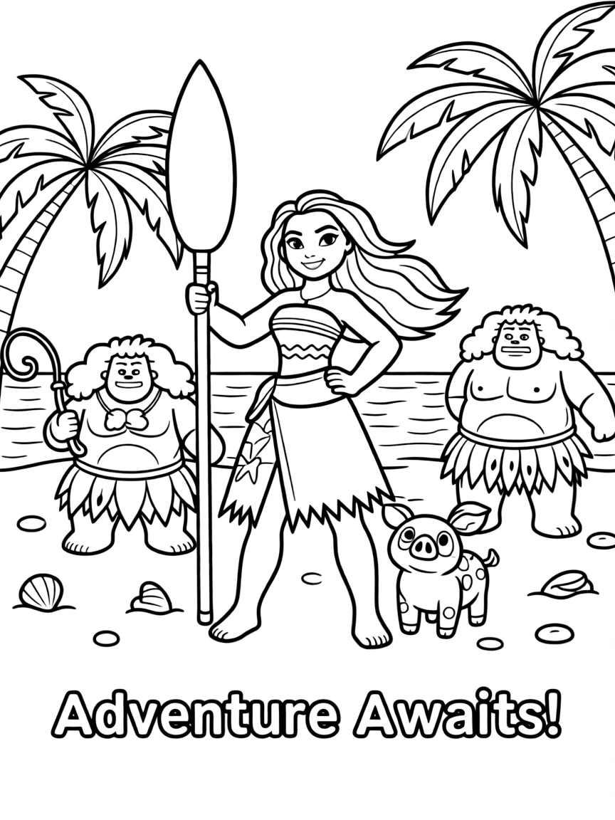 A group coloring page featuring Moana with other characters from the same show or movie.