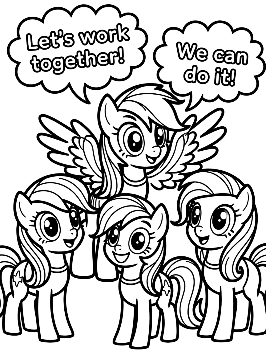 A cartoon-style drawing of Rainbow Dash helping friends, with speech bubbles and cheerful faces.
