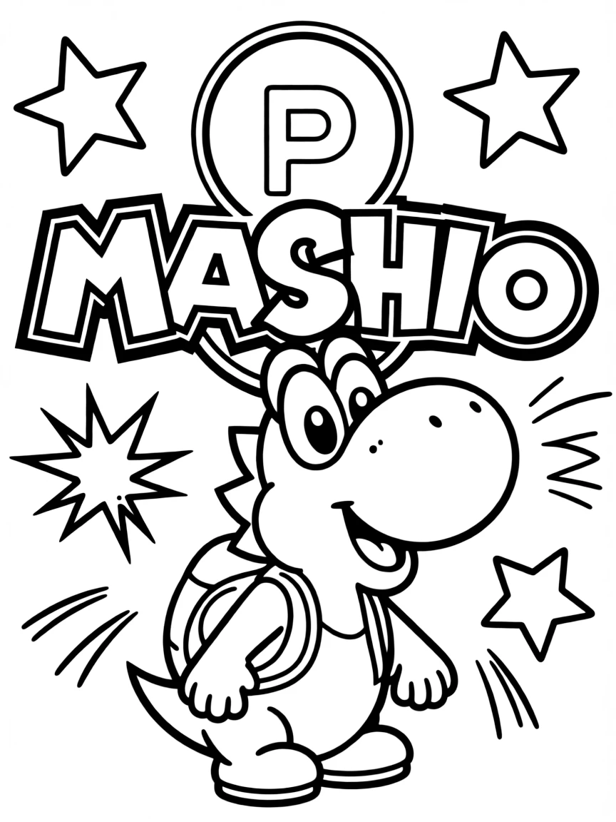 Yoshi standing proudly in front of their iconic logo with stars and comic-style effects around.