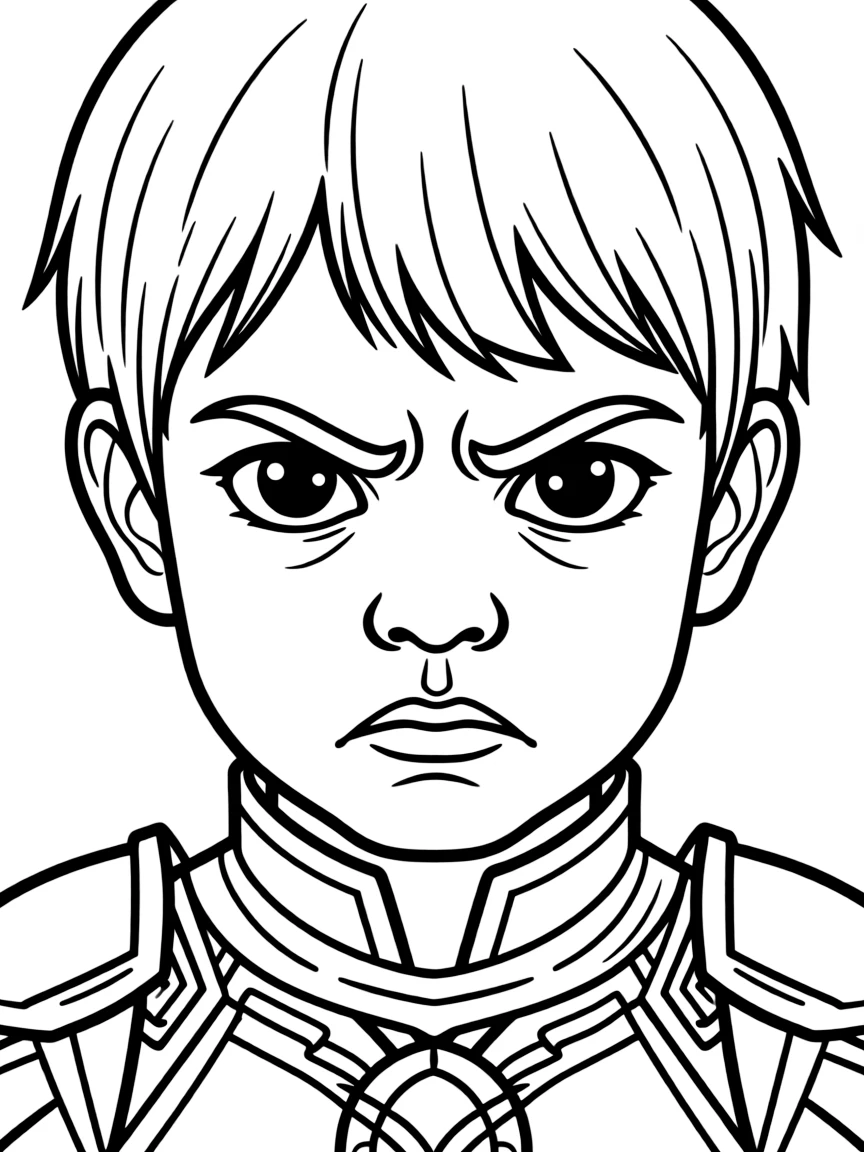 A close-up of Anger's face in bold lines with expressive eyes and detailed costume elements.
