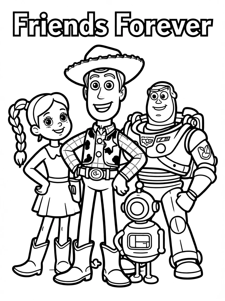 A group coloring page featuring Woody with other characters from the same show or movie.