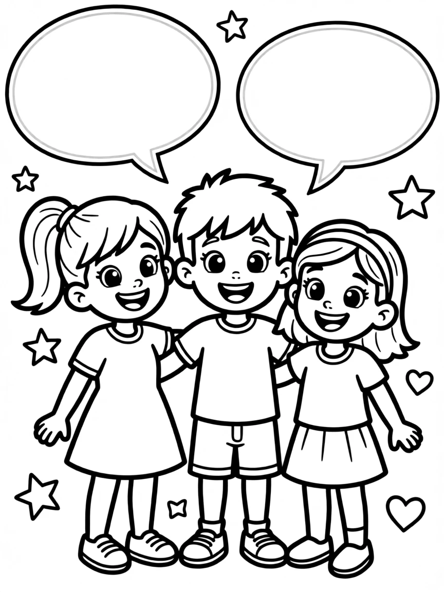 A cartoon-style drawing of Joy helping friends, with speech bubbles and cheerful faces.