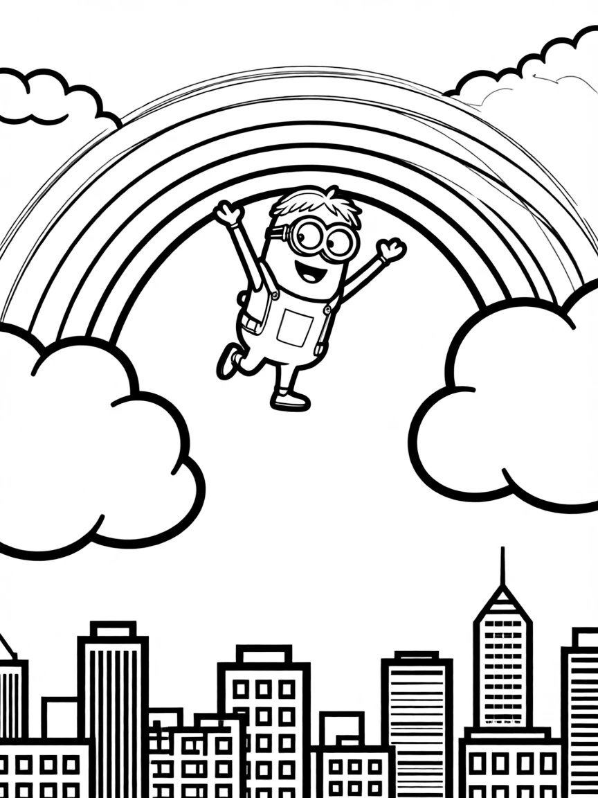 Despicable Me flying through the clouds with a rainbow behind and city skyline below.