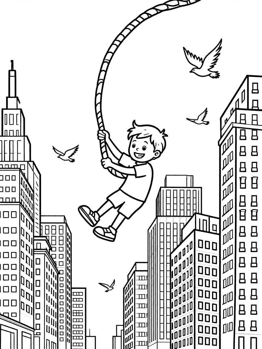 A fun and detailed coloring page of Steve swinging through a city full of tall buildings and birds.