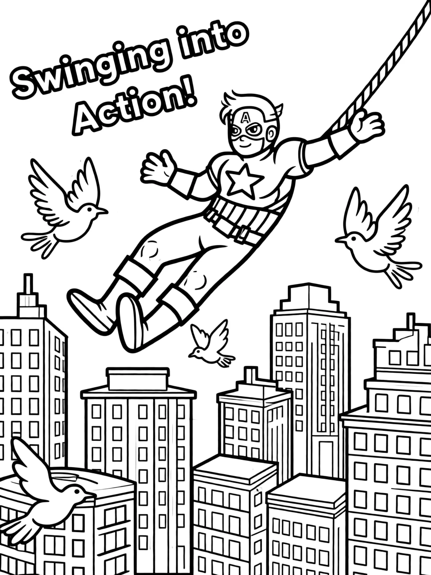 A fun and detailed coloring page of Captain America swinging through a city full of tall buildings and birds.
