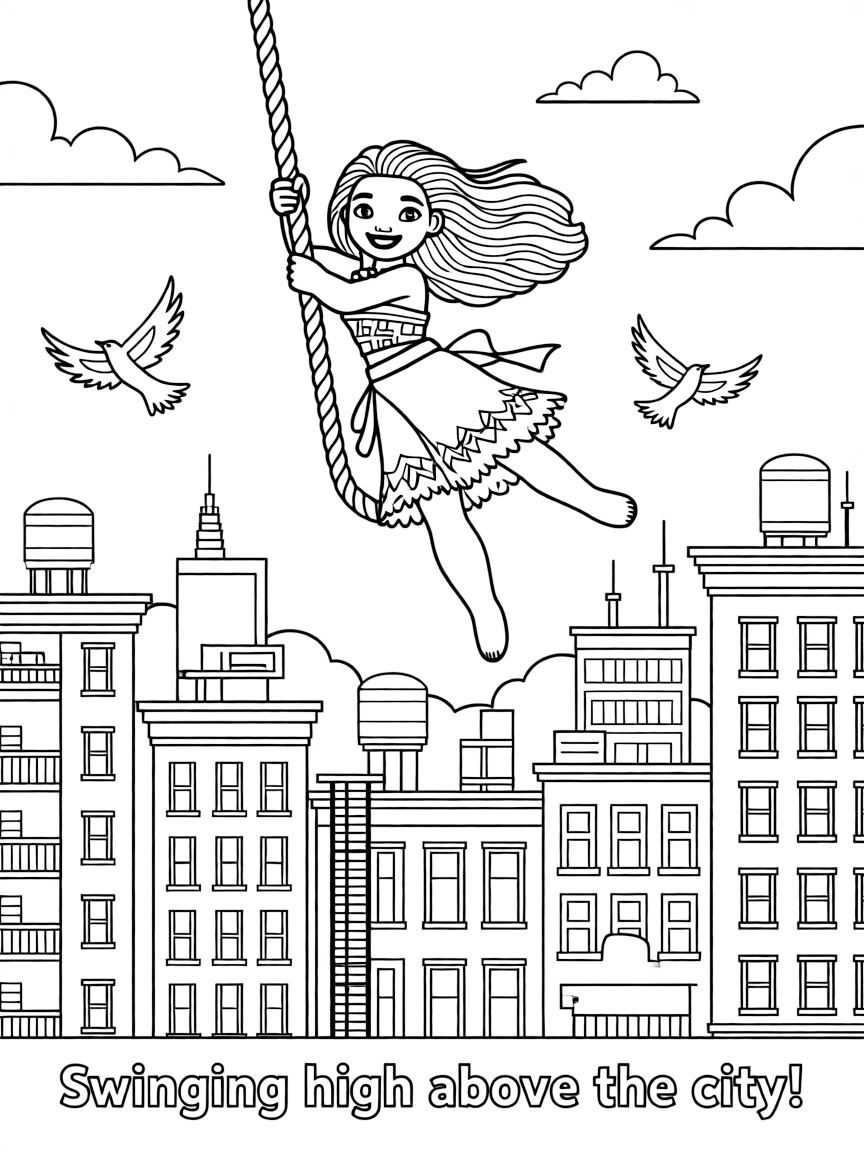 A fun and detailed coloring page of Moana swinging through a city full of tall buildings and birds.