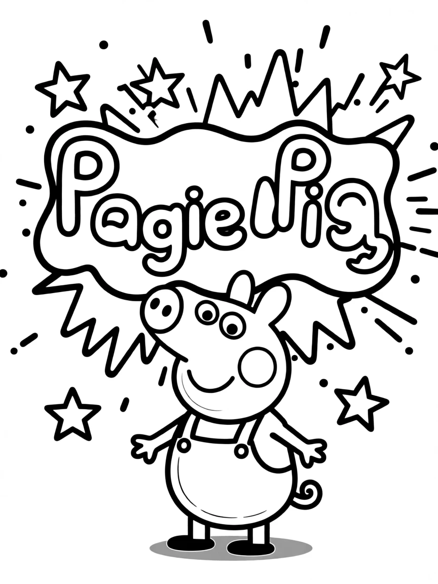 Piglet standing proudly in front of their iconic logo with stars and comic-style effects around.