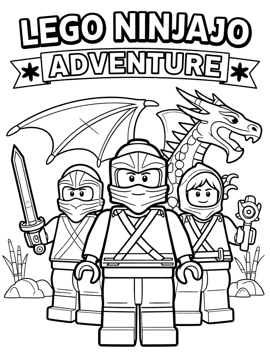 A group coloring page featuring Lego Ninjago with other characters from the same show or movie.