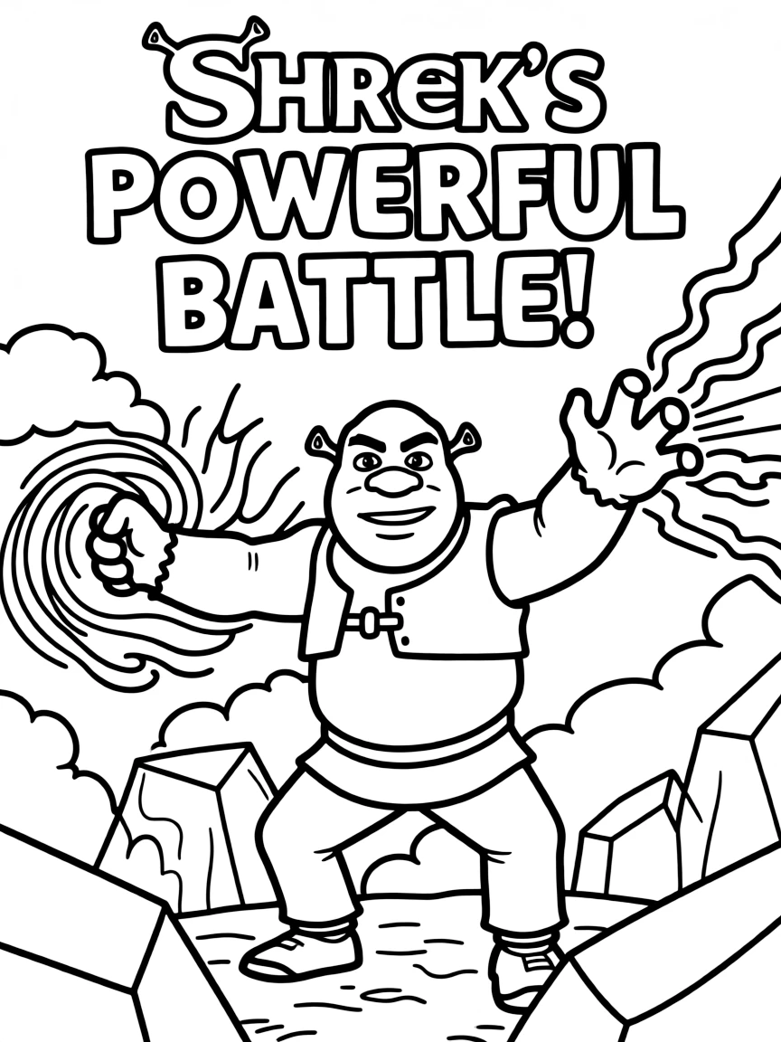 An action-packed scene of Shrek using their special powers in a dramatic battle pose.