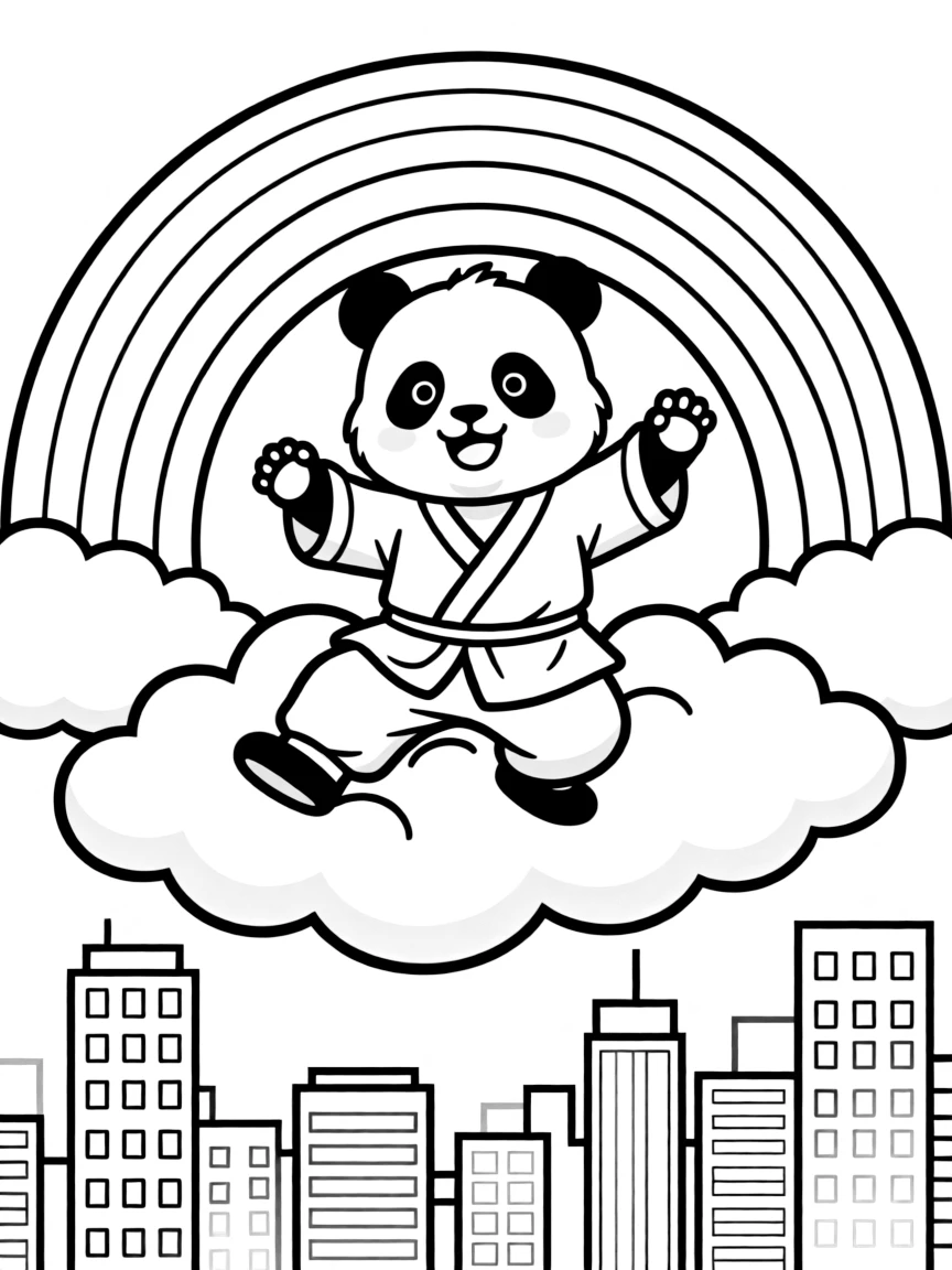 Kung Fu Panda flying through the clouds with a rainbow behind and city skyline below.