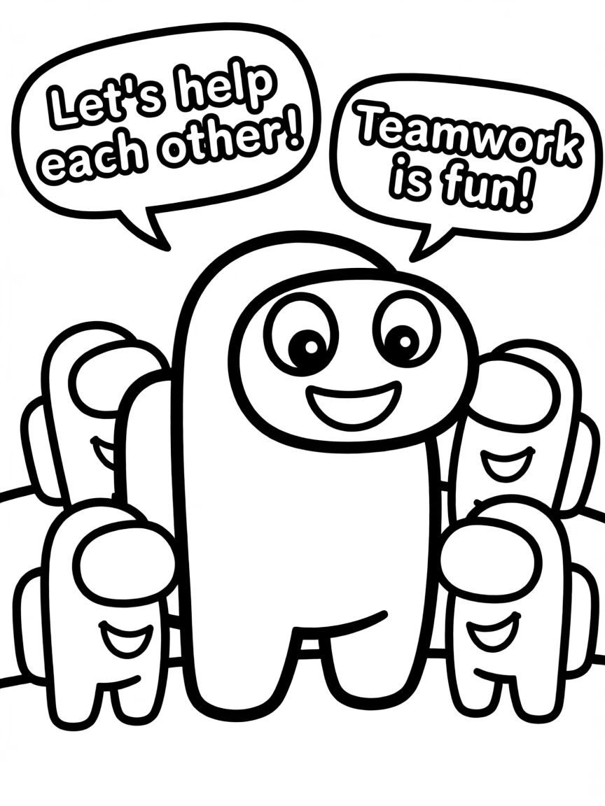 A cartoon-style drawing of Among Us helping friends, with speech bubbles and cheerful faces.