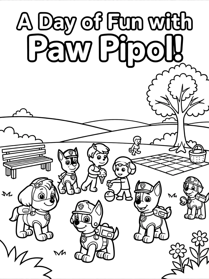 Paw Patrol enjoying a day off, eating ice cream or playing with friends in a park setting.