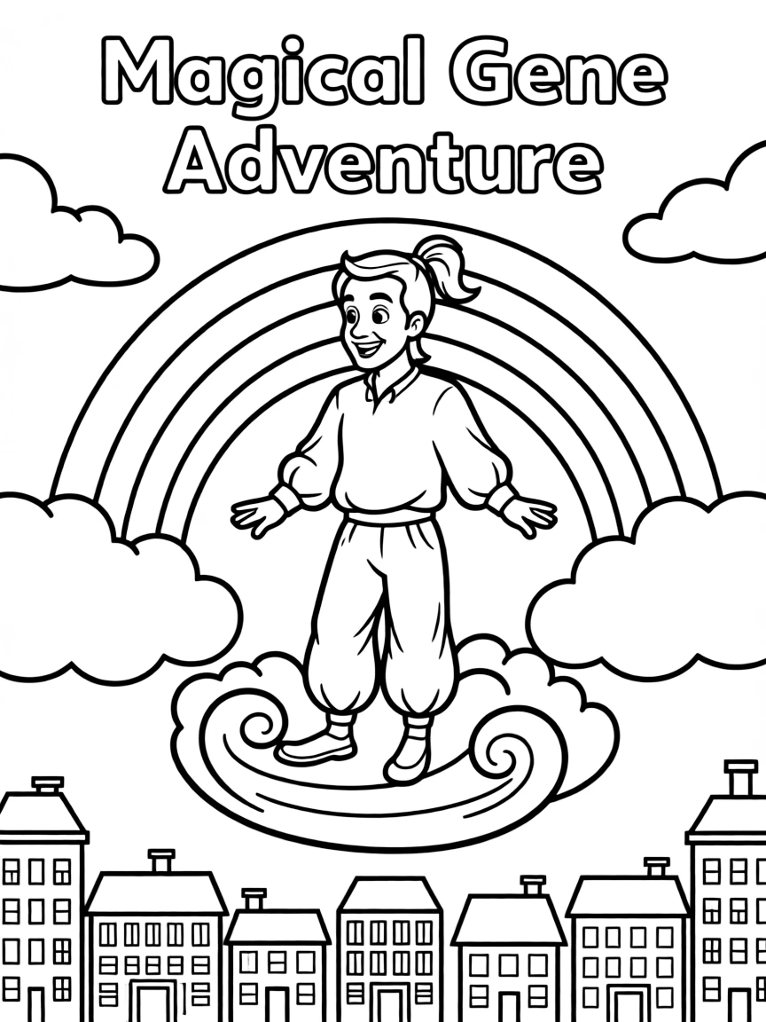 Genie flying through the clouds with a rainbow behind and city skyline below.