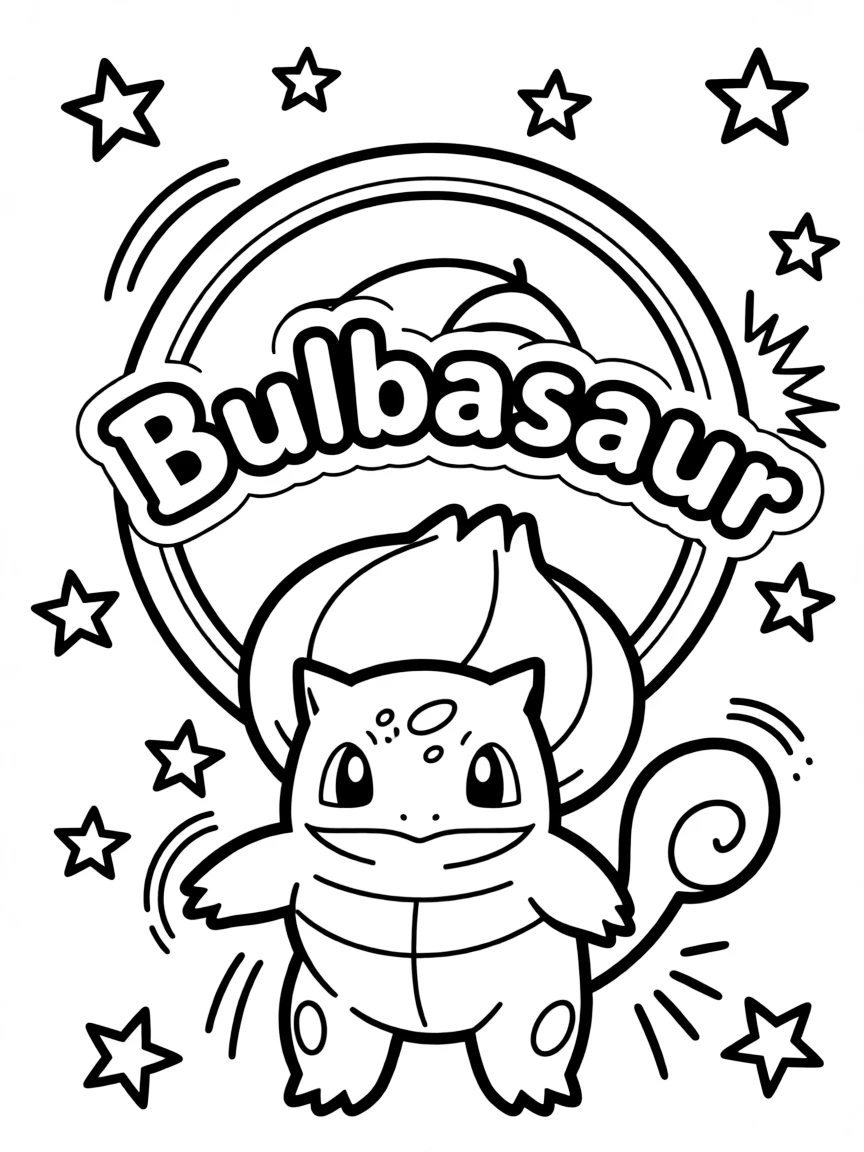 Bulbasaur standing proudly in front of their iconic logo with stars and comic-style effects around.