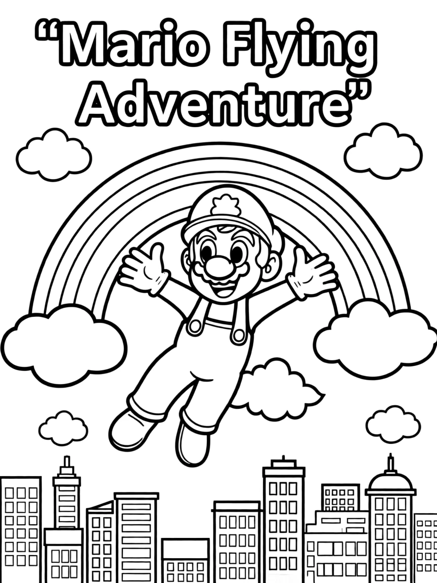 Mario flying through the clouds with a rainbow behind and city skyline below.