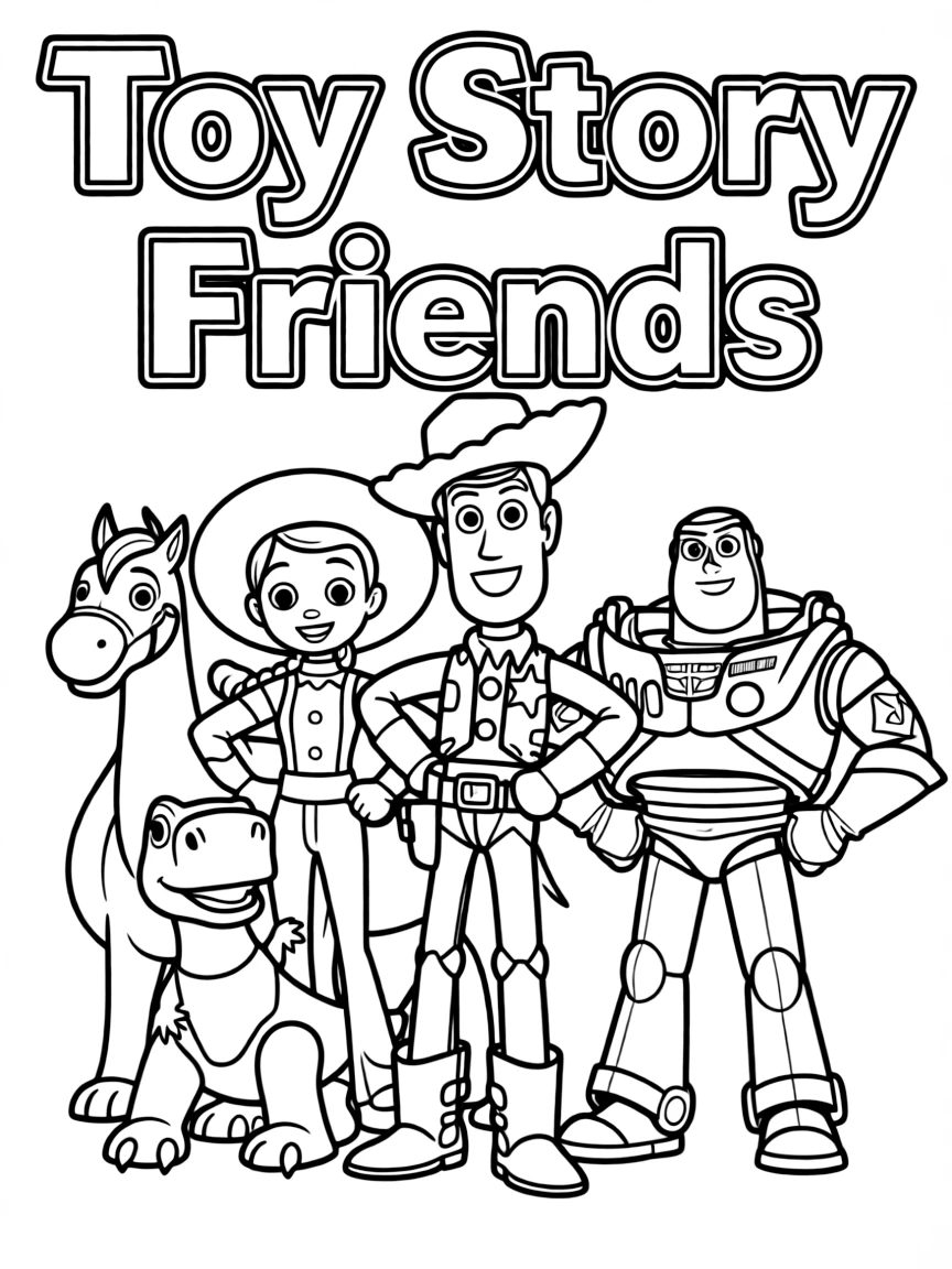 A group coloring page featuring Toy Story with other characters from the same show or movie.