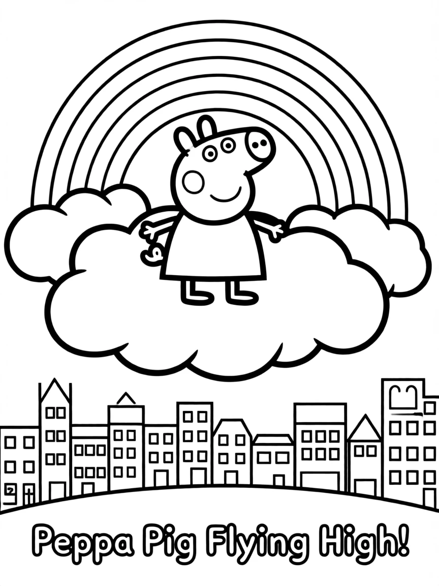 Peppa Pig flying through the clouds with a rainbow behind and city skyline below.