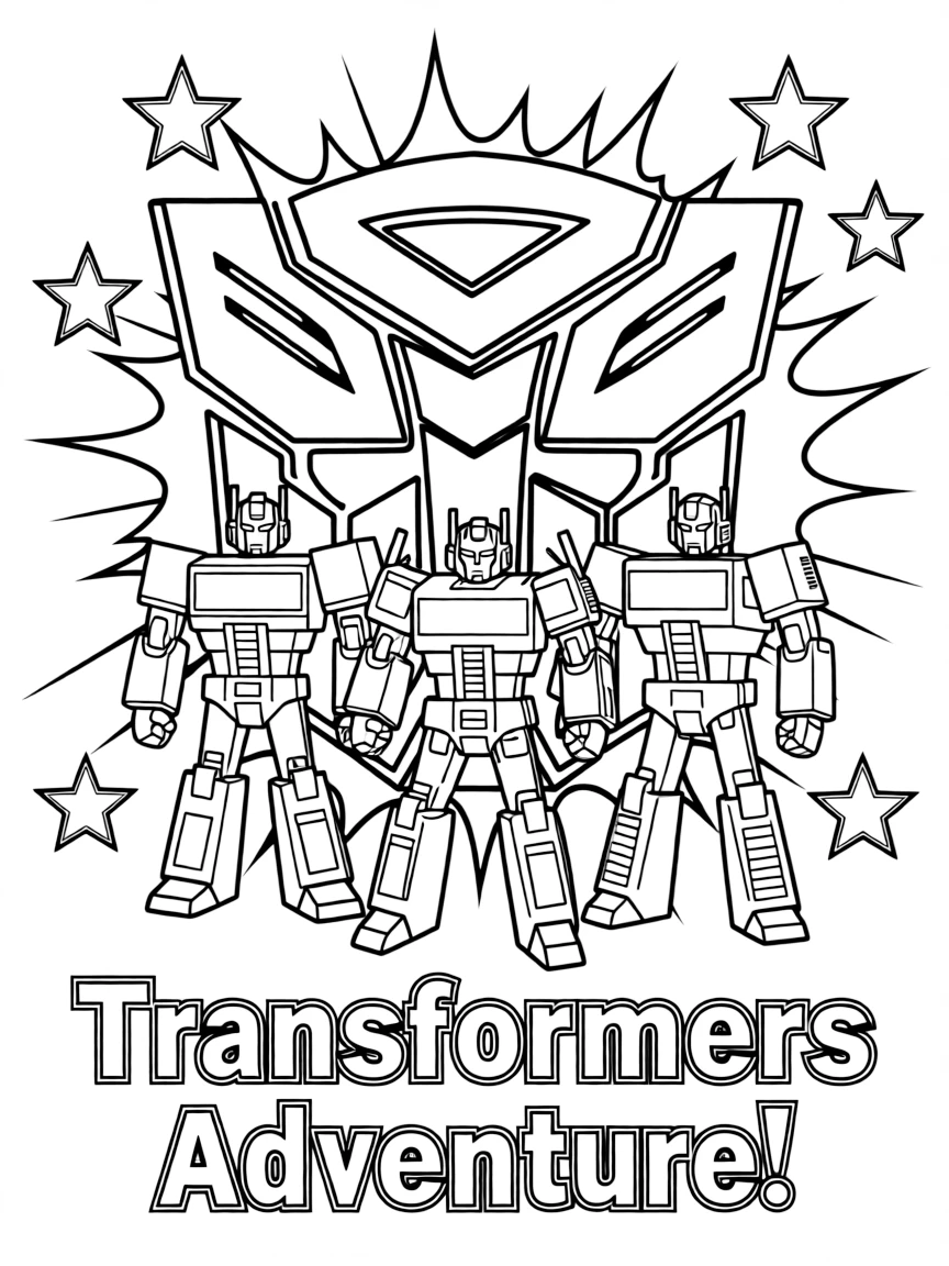 Transformers standing proudly in front of their iconic logo with stars and comic-style effects around.