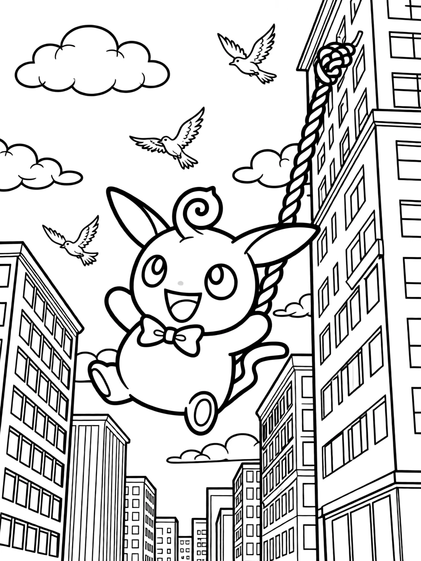 A fun and detailed coloring page of Jigglypuff swinging through a city full of tall buildings and birds.