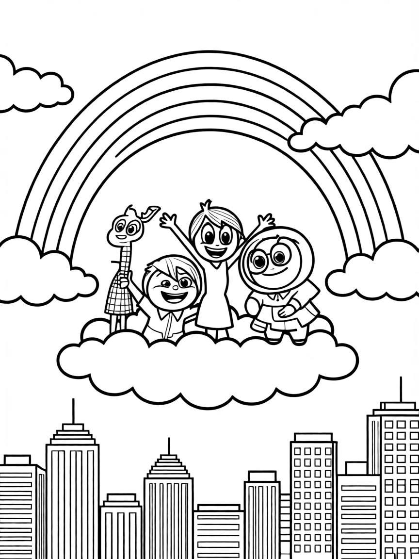 Inside Out flying through the clouds with a rainbow behind and city skyline below.