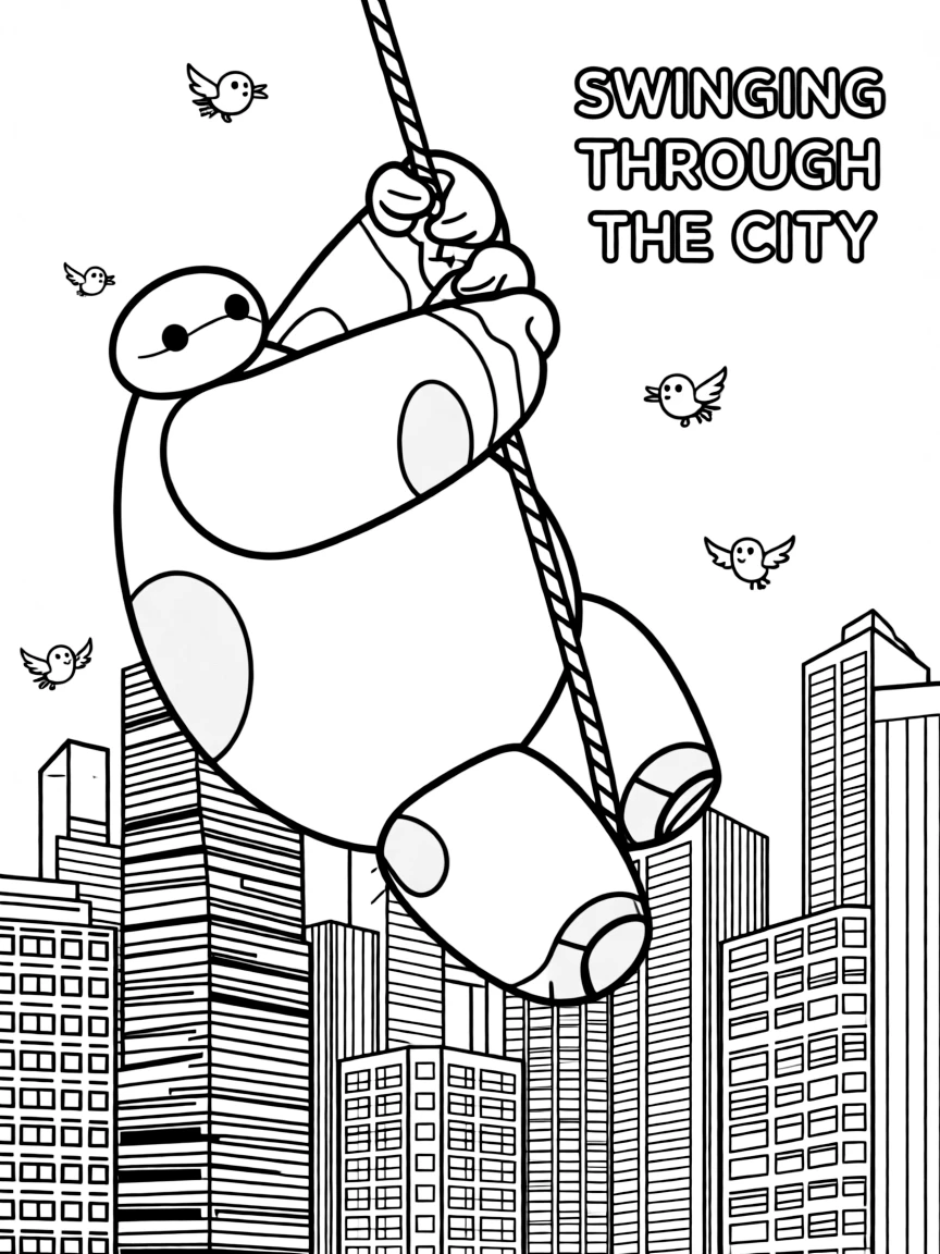 A fun and detailed coloring page of Baymax swinging through a city full of tall buildings and birds.
