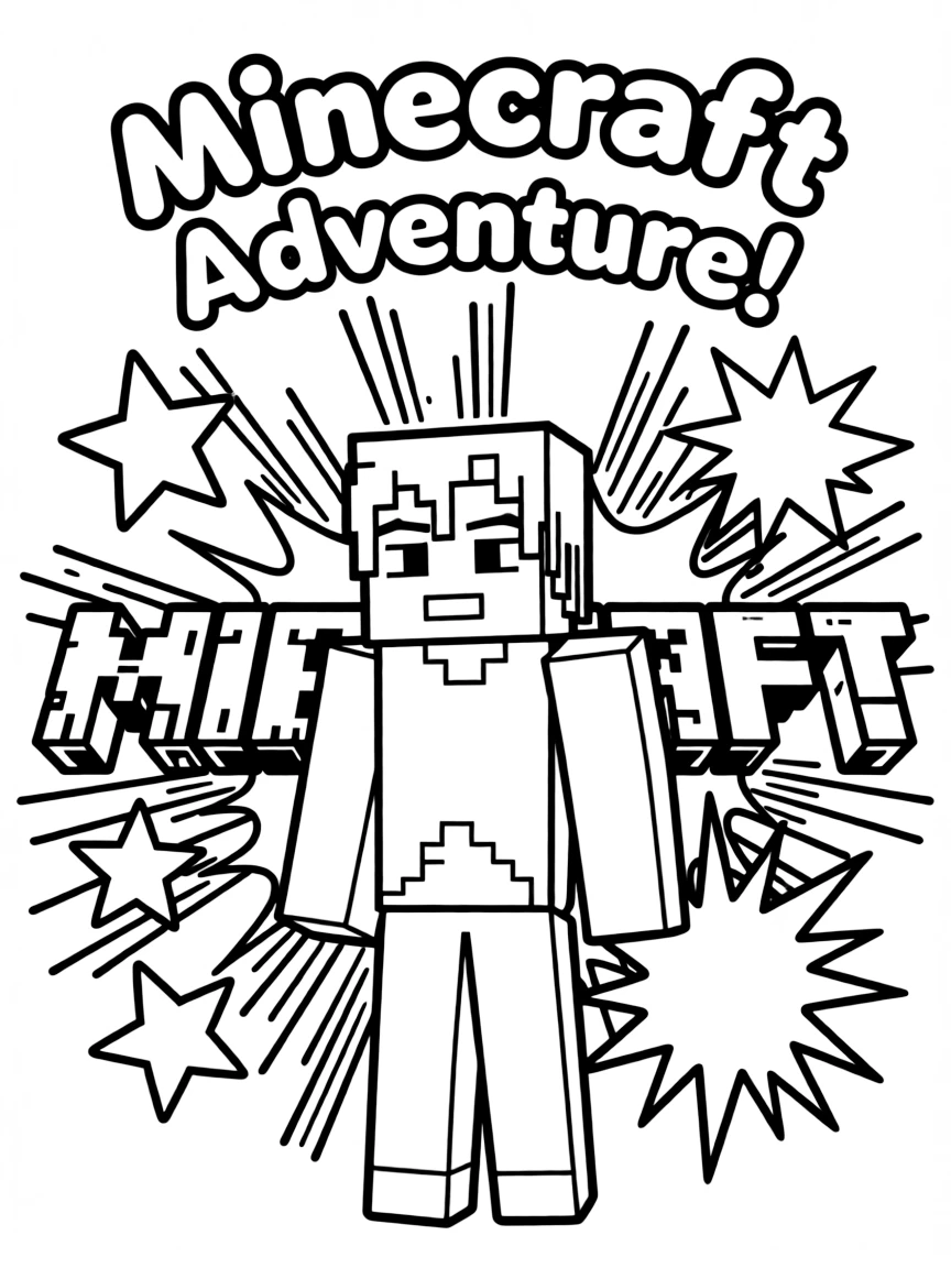 Minecraft standing proudly in front of their iconic logo with stars and comic-style effects around.