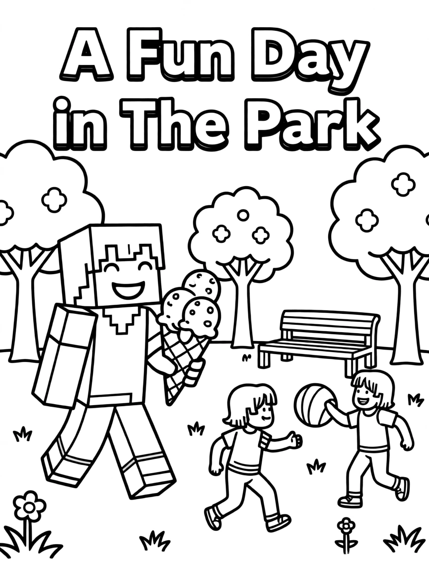 Minecraft enjoying a day off, eating ice cream or playing with friends in a park setting.