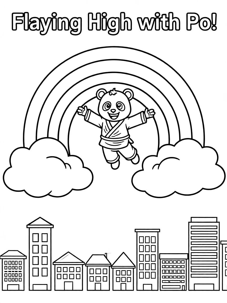 Po flying through the clouds with a rainbow behind and city skyline below.