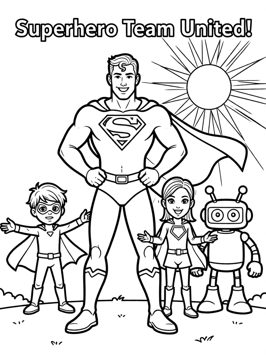 A group coloring page featuring Superman with other characters from the same show or movie.