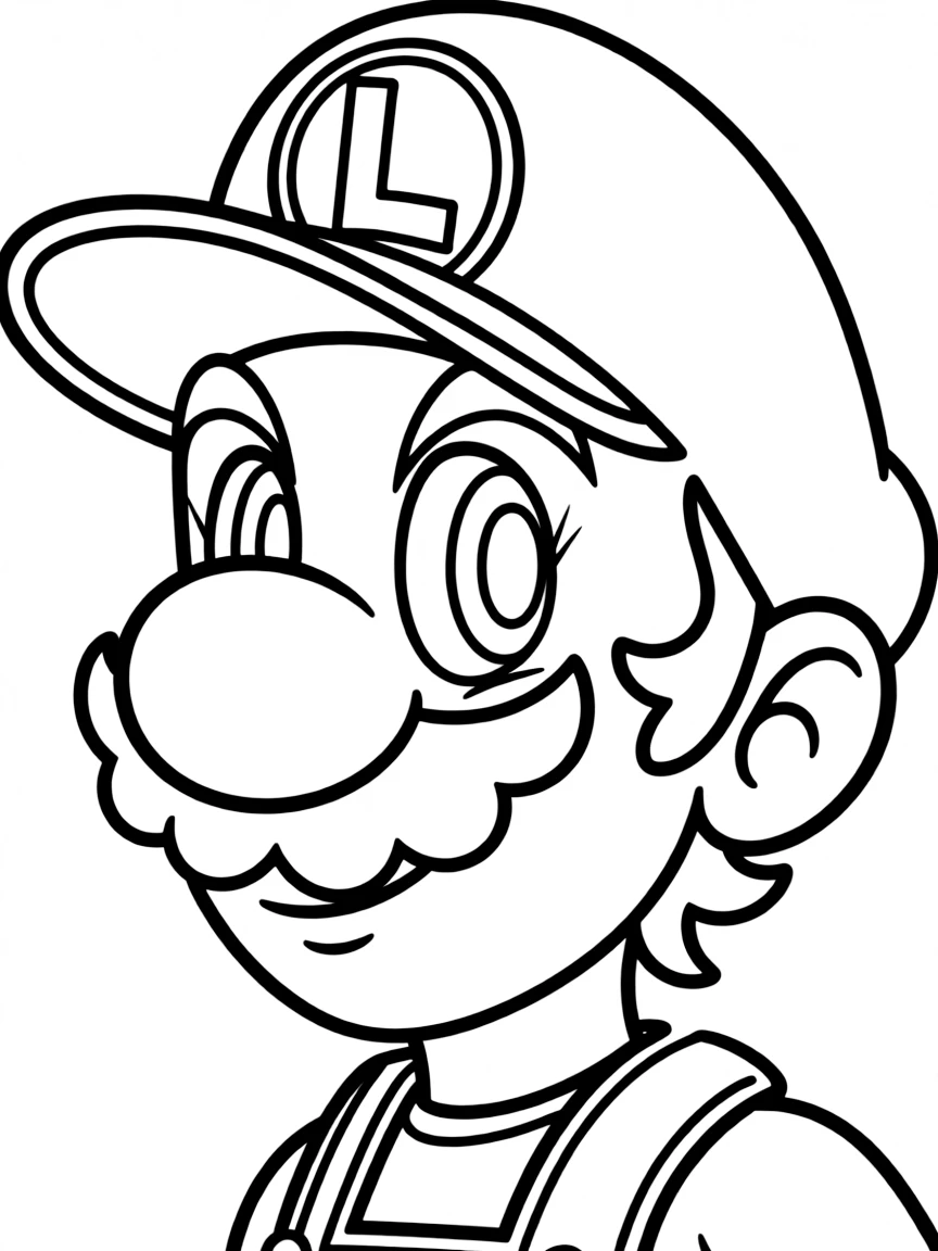 A close-up of Luigi's face in bold lines with expressive eyes and detailed costume elements.