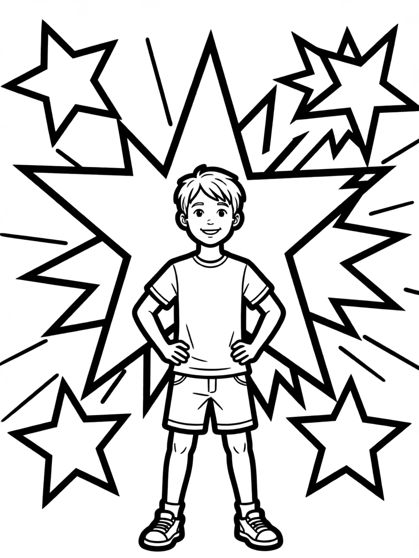 Steve standing proudly in front of their iconic logo with stars and comic-style effects around.
