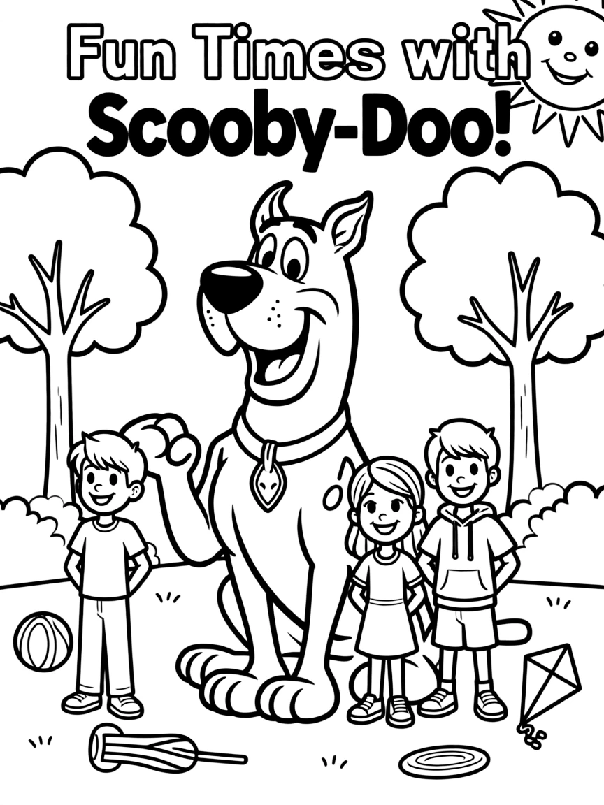 Scooby-Doo smiling and posing with their sidekicks, surrounded by trees, toys, or fun backgrounds.