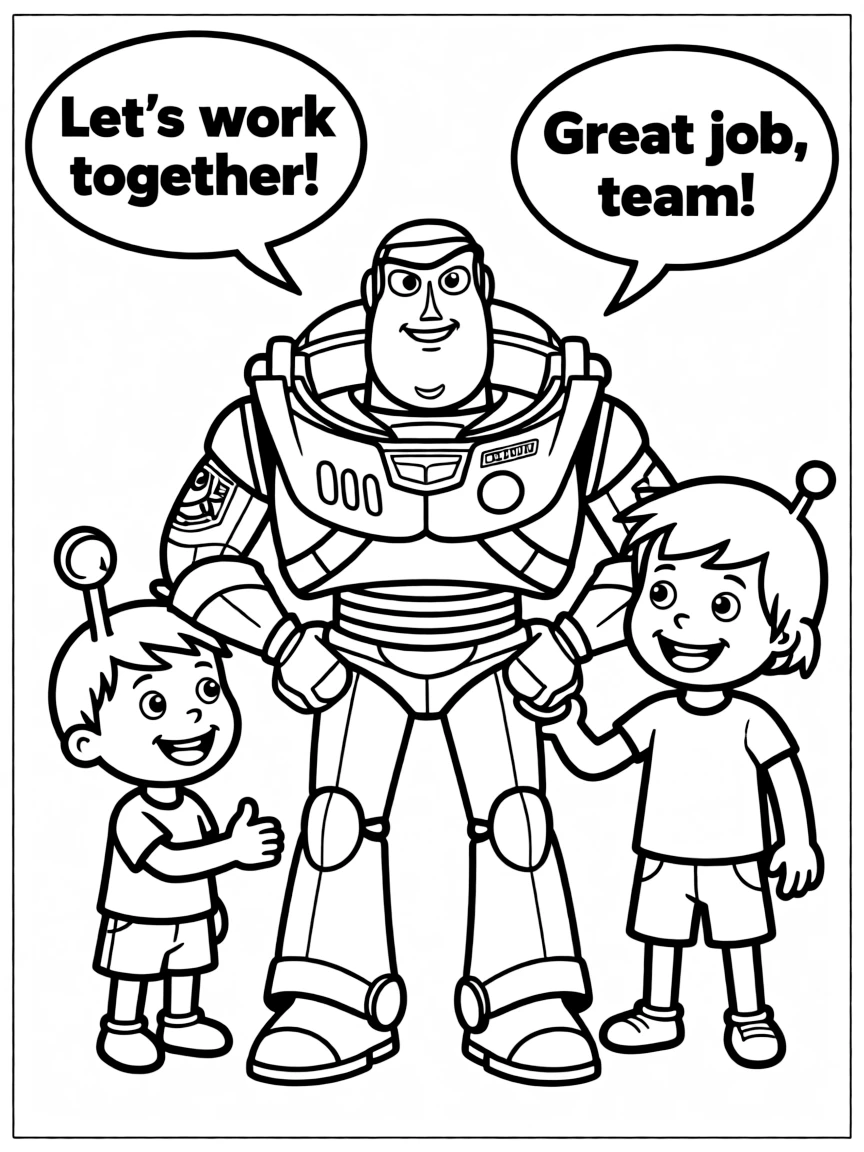 A cartoon-style drawing of Buzz Lightyear helping friends, with speech bubbles and cheerful faces.