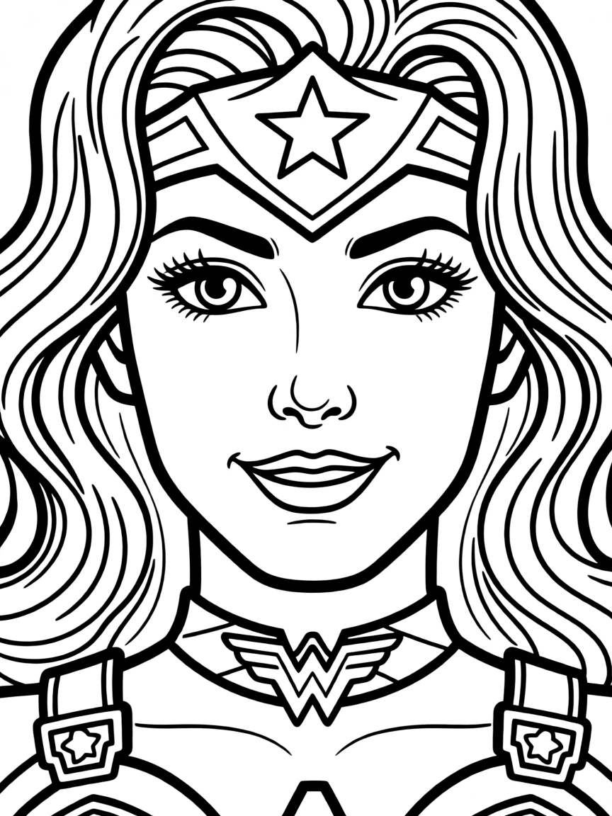 A close-up of Wonder Woman's face in bold lines with expressive eyes and detailed costume elements.