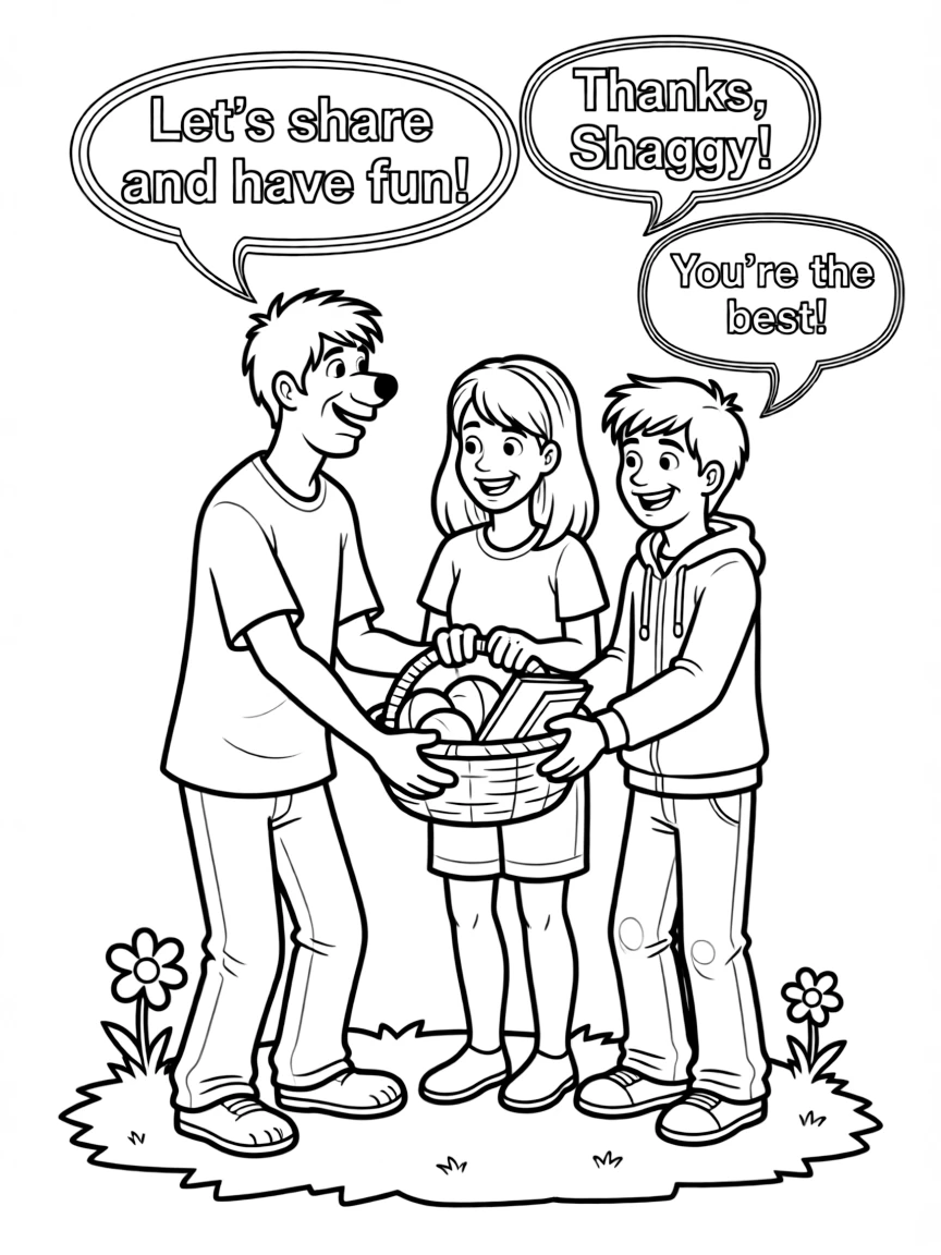 A cartoon-style drawing of Shaggy helping friends, with speech bubbles and cheerful faces.